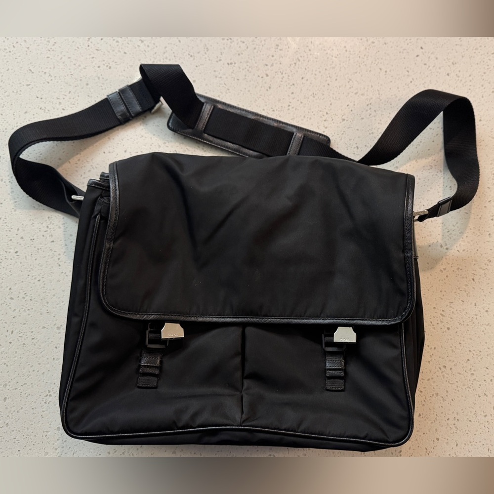 Authentic Prada Black Men’s Nylon Buckle Messenger Shoulder Bag with Laptop Bag
